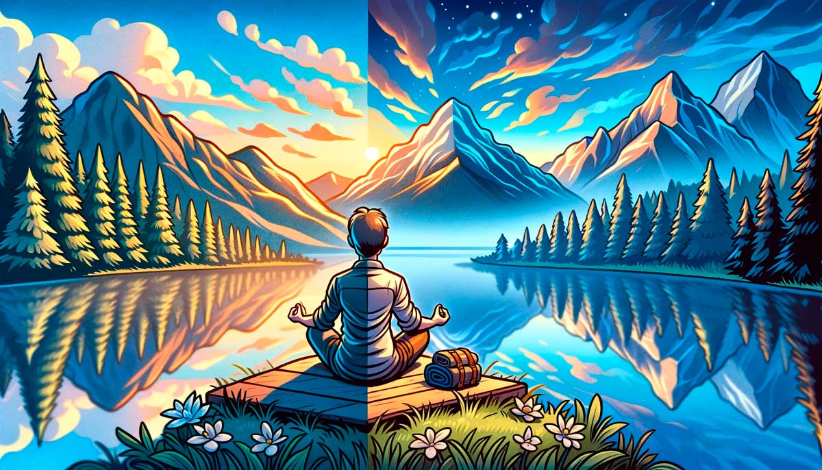 O persoană meditând pe marginea unui lac între munți
