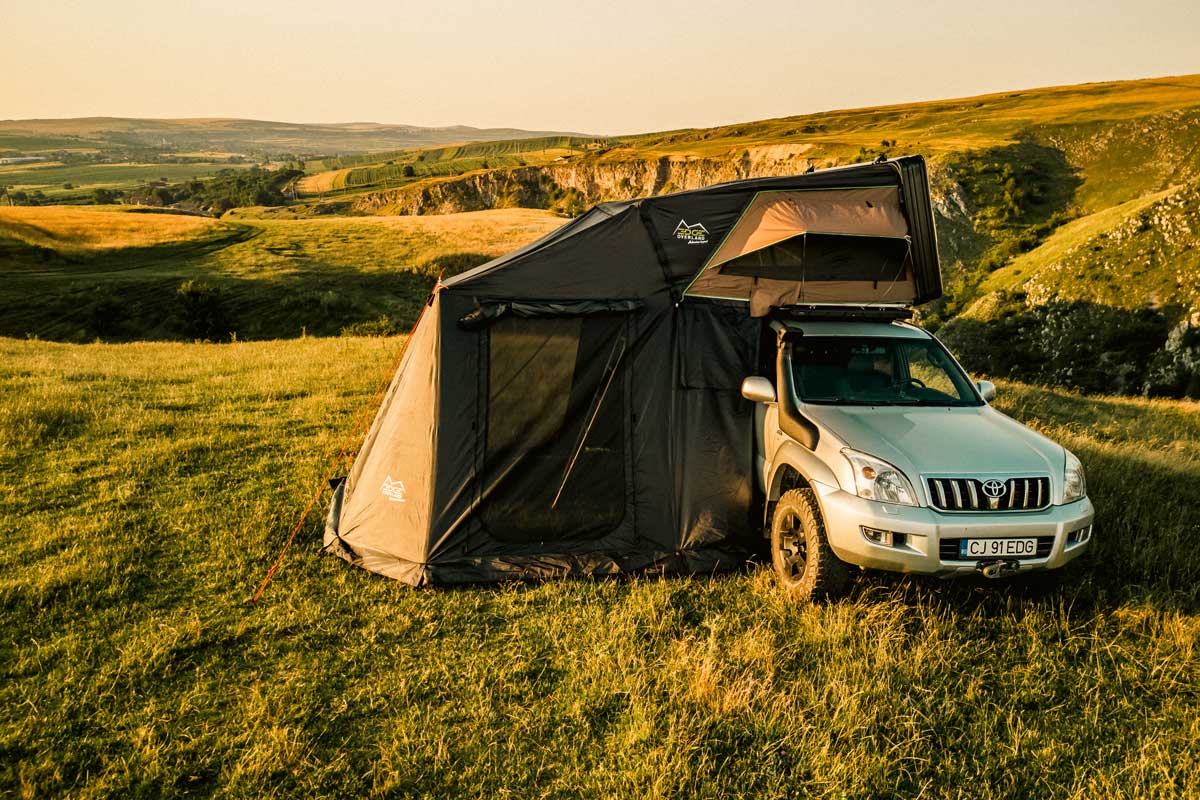 Annex installed on the Horizon One rooftop tent in a stunning landscape