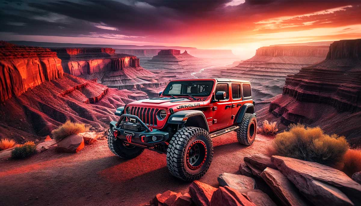Hardshell rooftop tent and car awning on a Jeep Wrangler Rubicon