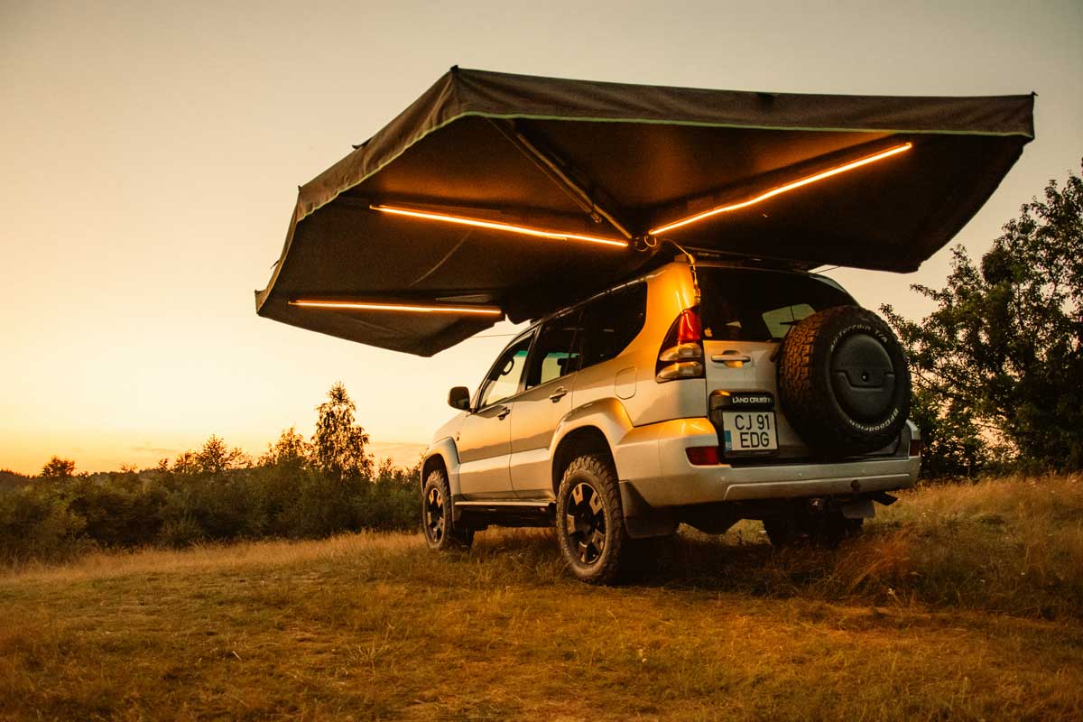 Infinity 270 Car Awning at night camping