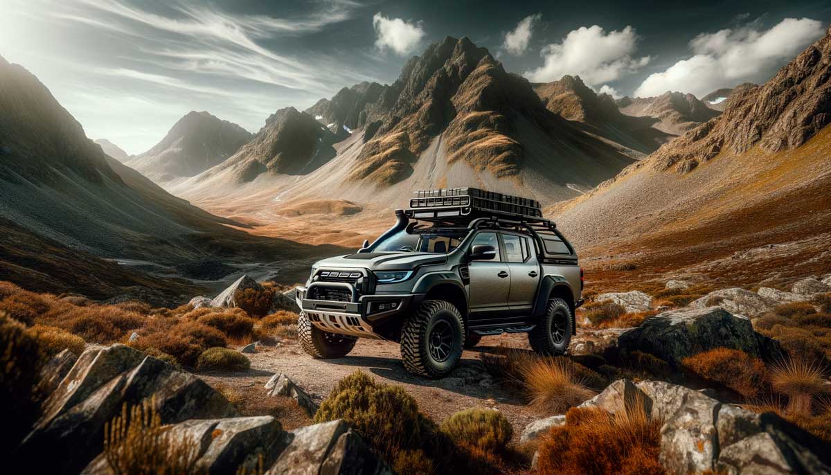 SUV dans les montagnes avec un porte-bagages sur le toit