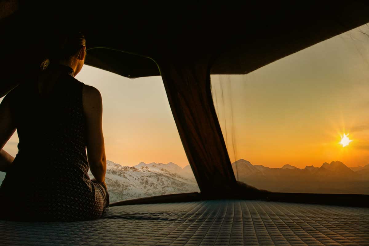 Looking out from the Explore One Rooftop Tent at a winter landscape