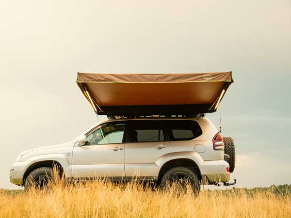 EDGE Overland car side awning camping in nature with LED bars