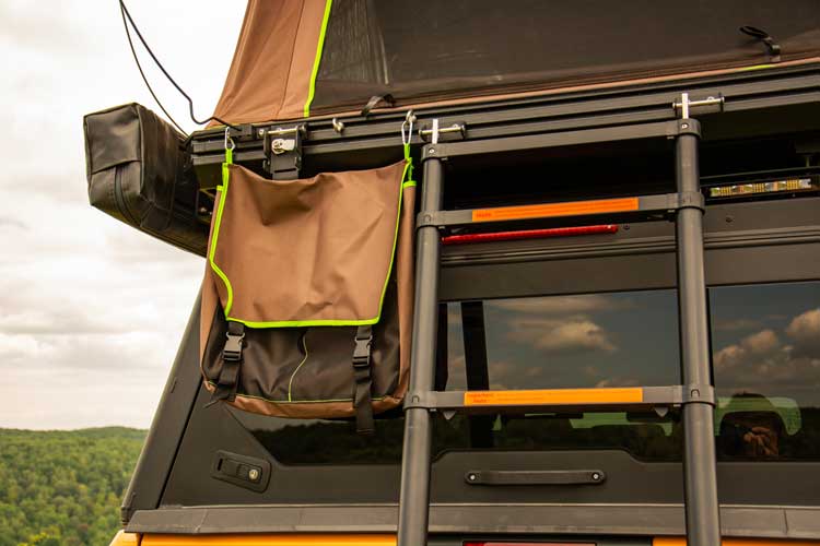 Rooftop tent shoe holder and ladder