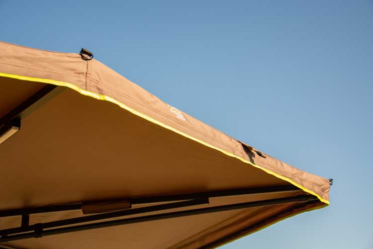 Tie-down points on the car awning for high wind and heavy rain conditions