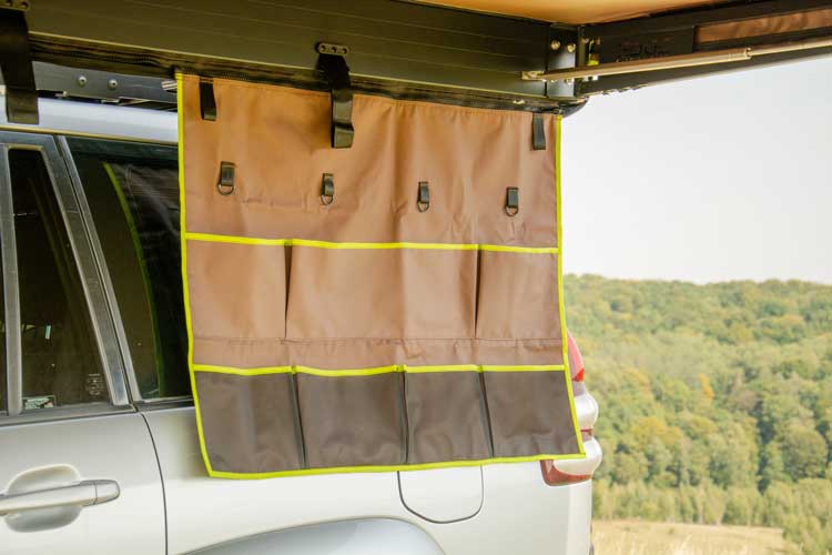Left side view of the organiser pockets for the Shelter Max awning.