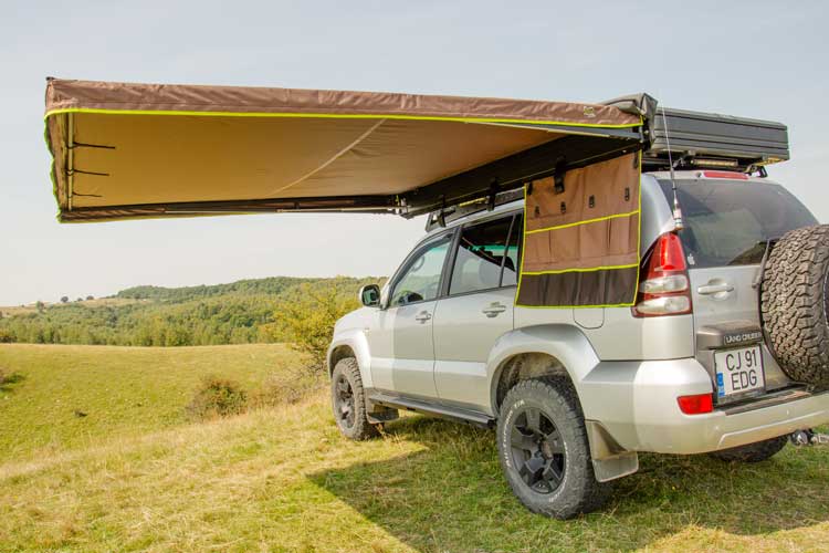 Right hand side view of the organiser pockets installed on the Shelter Max awning.