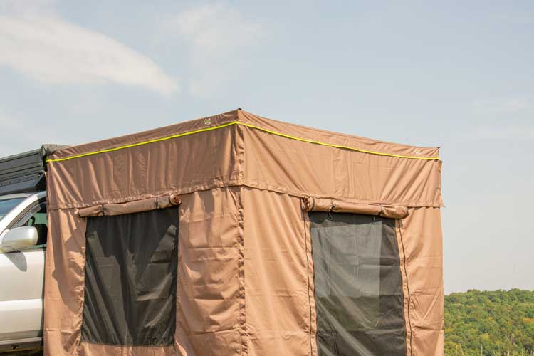 Left view of the Shelter Max sidewalls installed with the sidewall extensions